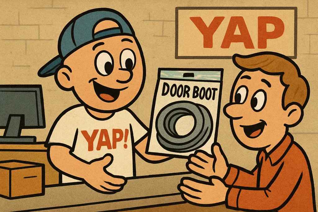 Cartoon scene inside the YAP appliance parts store in Piedmont, OK. YAP Dude is 