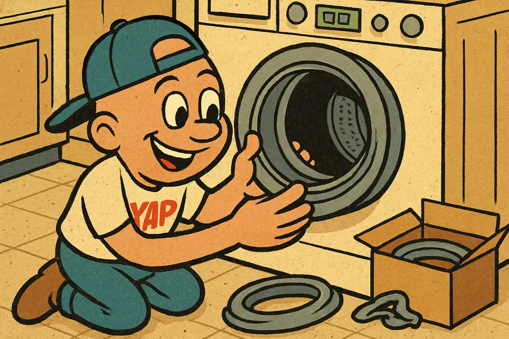Cartoon scene in a home laundry room. YAP Dude is kneeling in front of a front-l