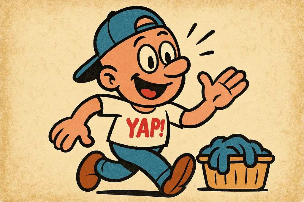 Cartoon scene of a frustrated person standing in front of a full-size Maytag dry