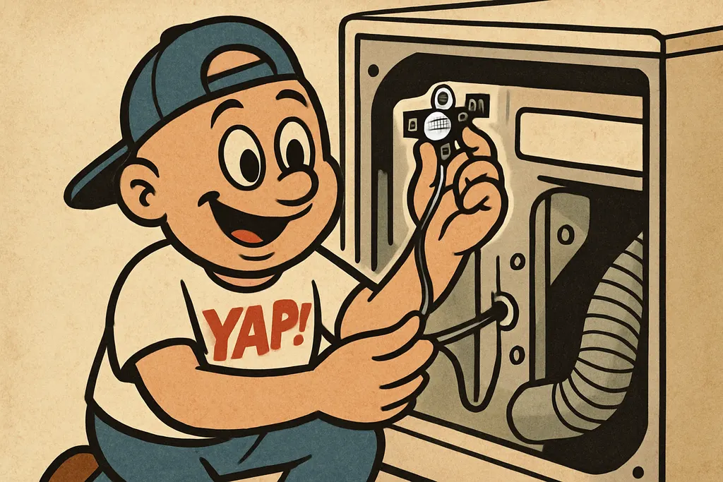 YAP Dude kneeling behind a Maytag dryer with the back panel removed, confidently