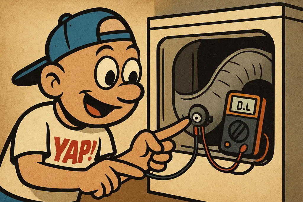 YAP Dude leaning in close to the back of an open Maytag dryer with the rear pane