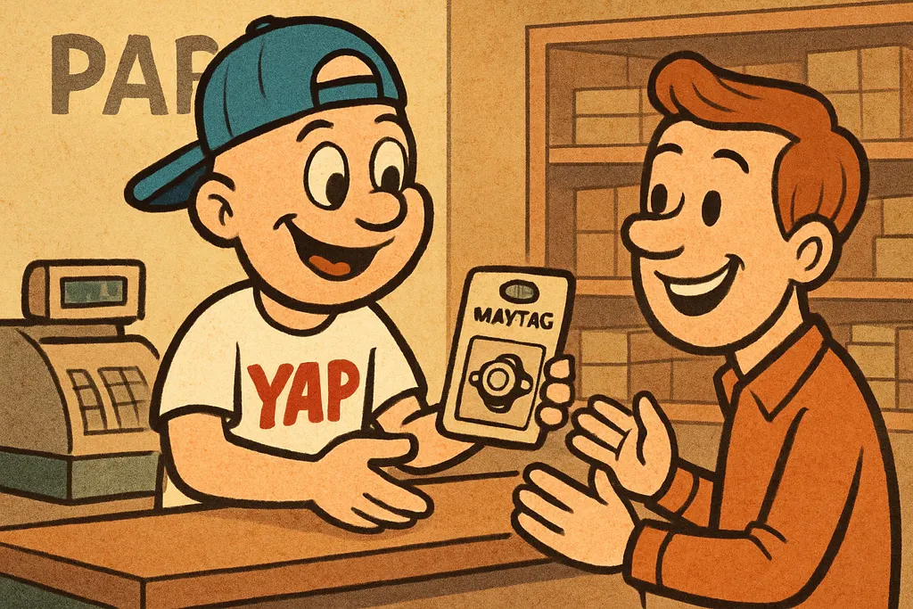 Inside the YAP appliance parts store in Piedmont, Oklahoma, the YAP Dude stands 