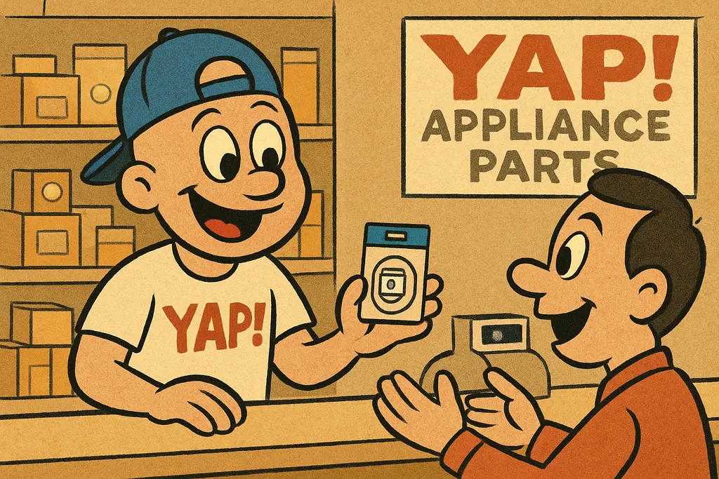 Inside the YAP appliance parts store in Piedmont, Oklahoma, YAP Dude is standing