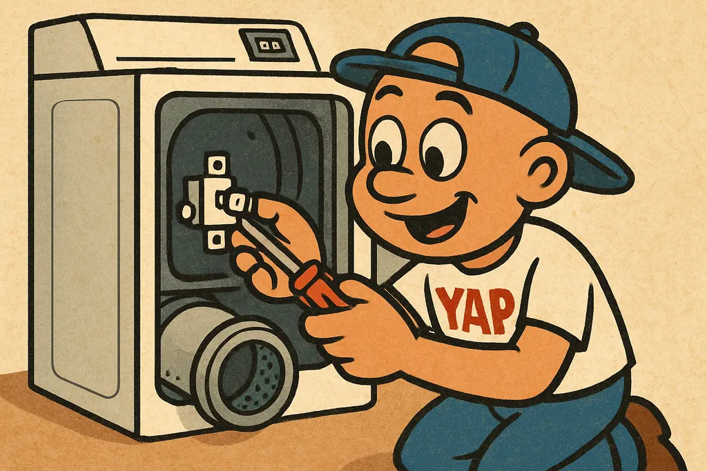 YAP Dude kneeling beside a Maytag dryer with the back panel removed, his hands i