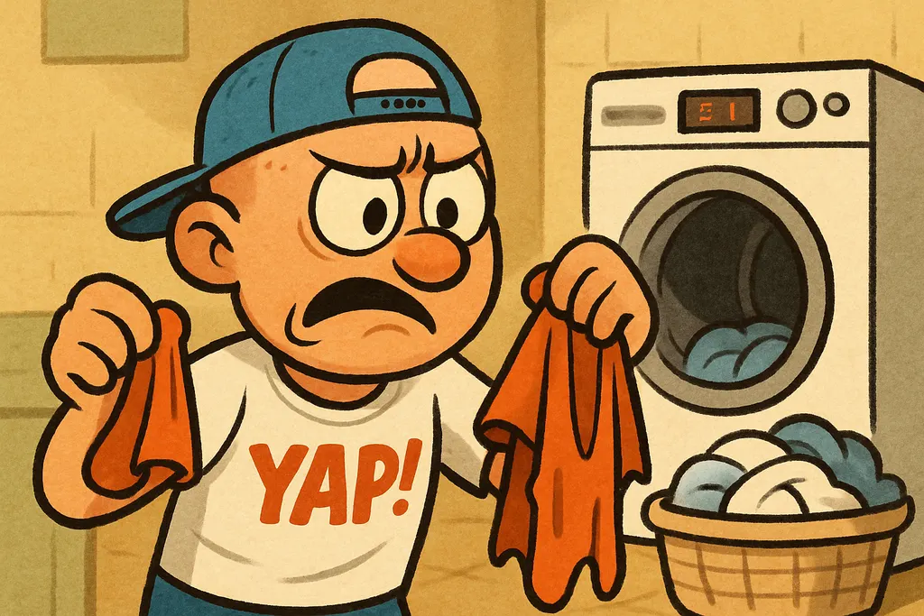 A frustrated person standing in front of a full-size Maytag dryer in a home laun
