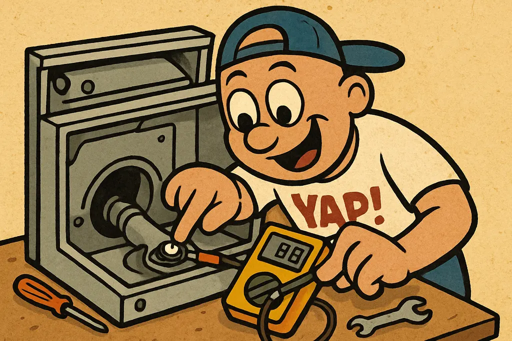 YAP Dude leaning in close over the back panel of a disassembled Maytag dryer lai
