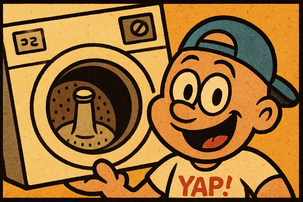 YAP Dude proudly holding up a large vintage Maytag-style washing machine over hi
