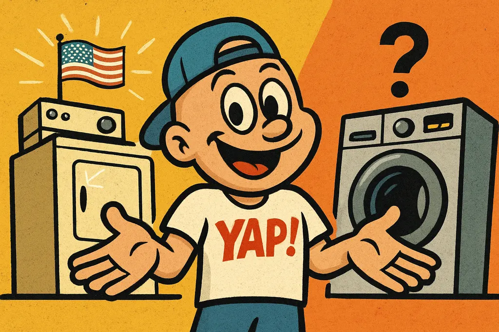 YAP Dude standing in the center of a split scene — left side shows a gleaming vi