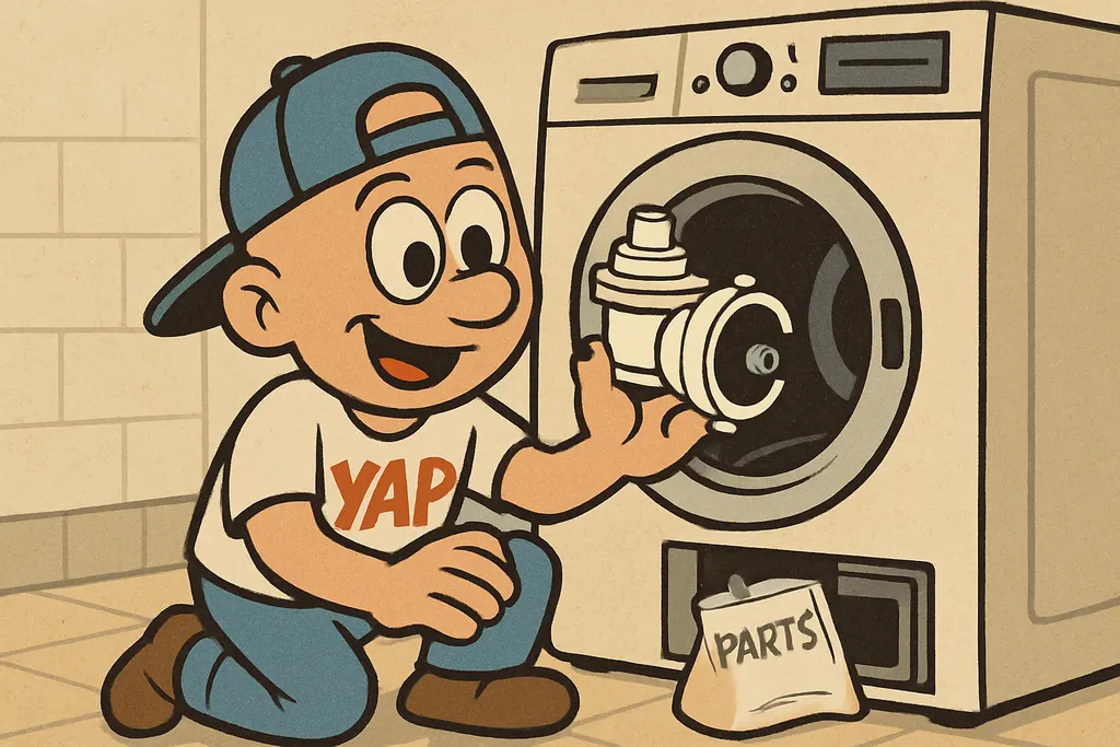 Cartoon repair scene set in a bright, clean laundry room. YAP Dude is crouched i