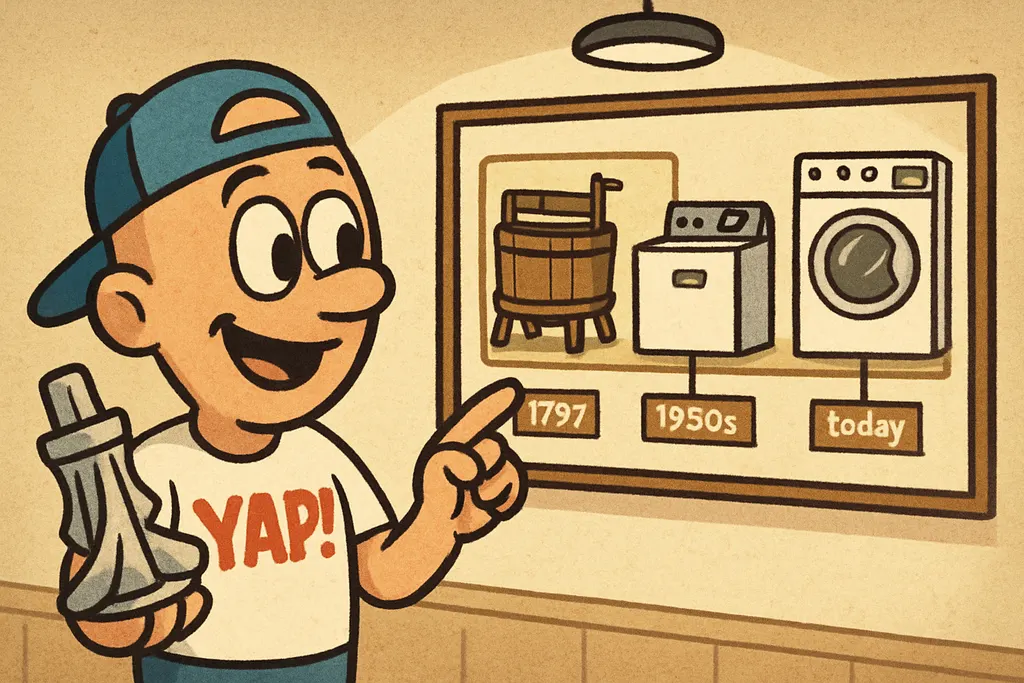 Cartoon history-museum-style exhibit scene. YAP Dude is standing next to a timel