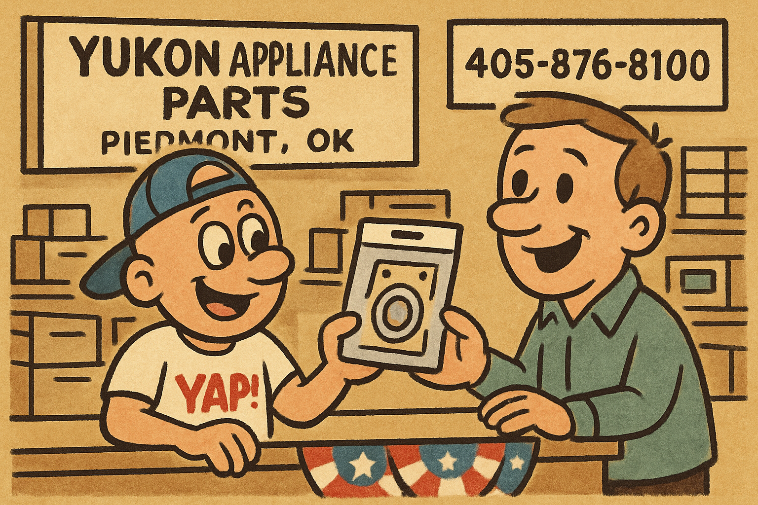 A cartoon scene inside the YAP Appliance Parts store in Piedmont, OK: YAP Dude i