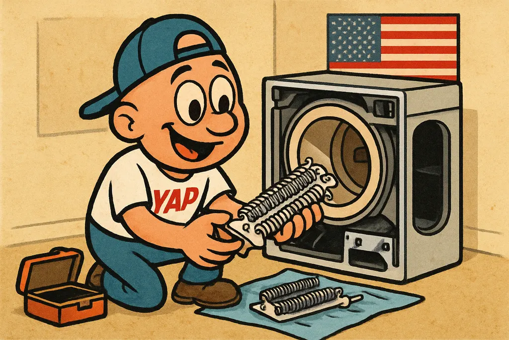 A cartoon action scene: YAP Dude kneeling in front of a disassembled modern elec