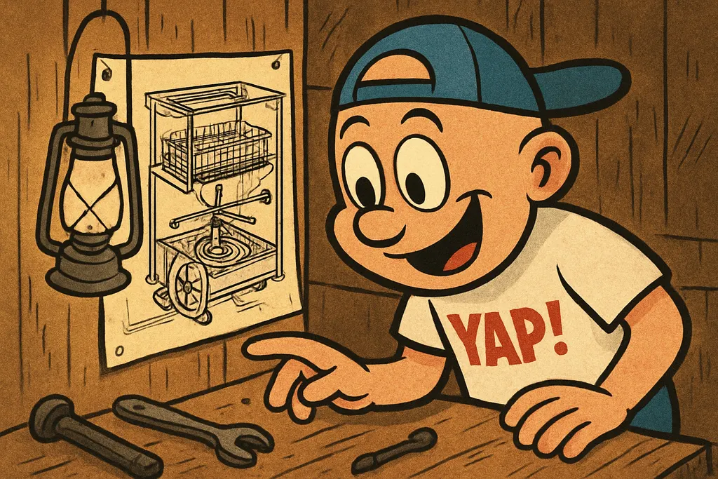 Close-up cartoon scene of the YAP Dude leaning in with genuine fascination over 