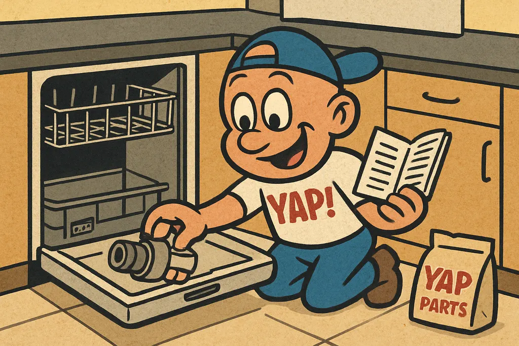 Cartoon action scene in a bright modern kitchen. The YAP Dude is crouched in fro