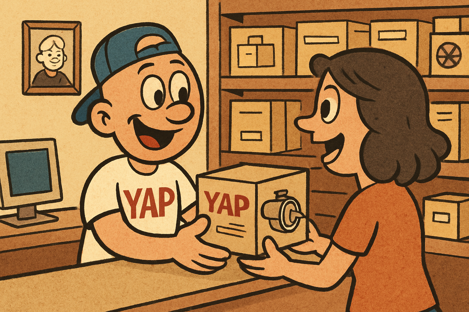 Cartoon scene inside the YAP Appliance Parts shop in Piedmont, Oklahoma. The YAP