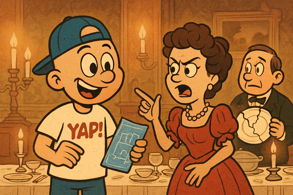 Cartoon scene set in a grand 1886 dining room with flickering candlelight and an