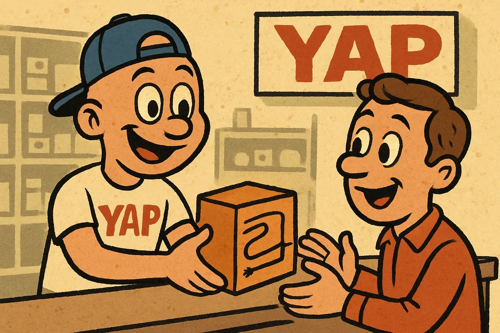 Cartoon shop counter scene: inside the YAP appliance parts store in Piedmont, Ok
