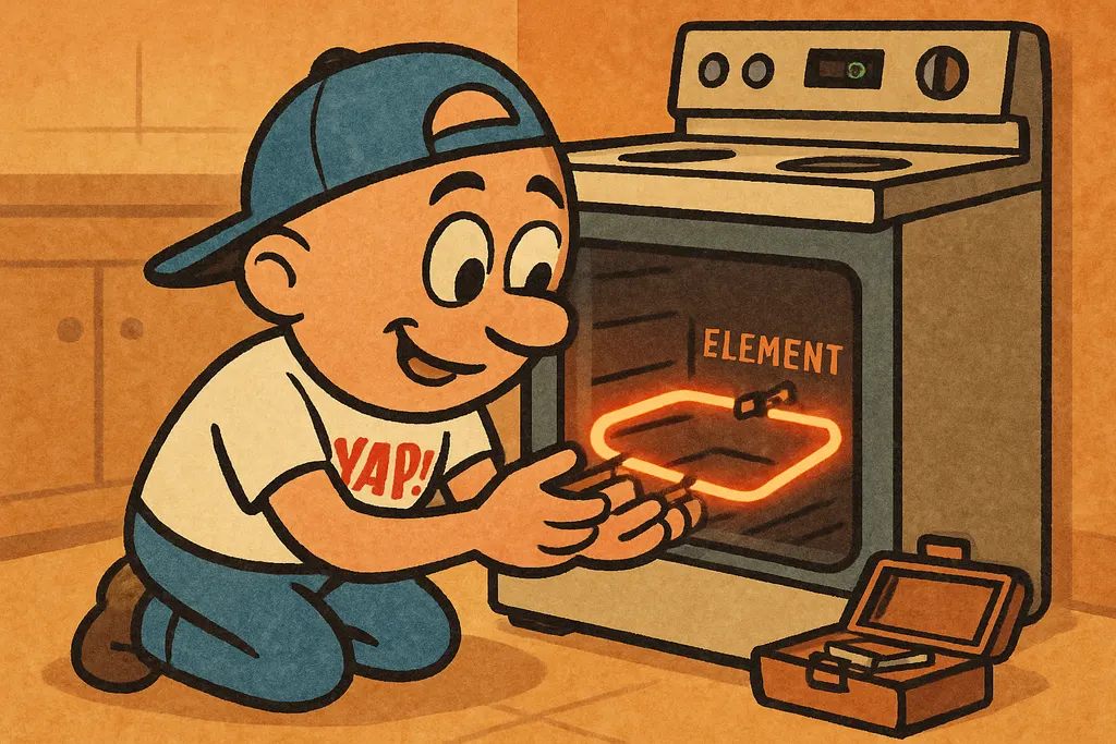 Cartoon repair scene: YAP Dude kneeling in front of an open electric range oven,