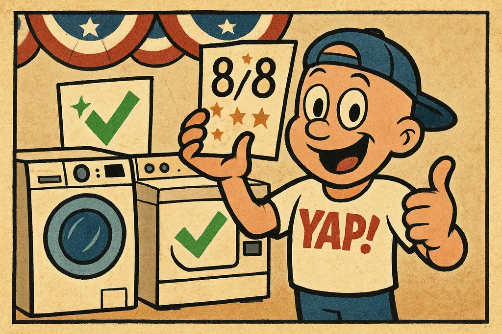 Cartoon scene: The YAP Dude standing triumphantly next to a washer, a dryer, and