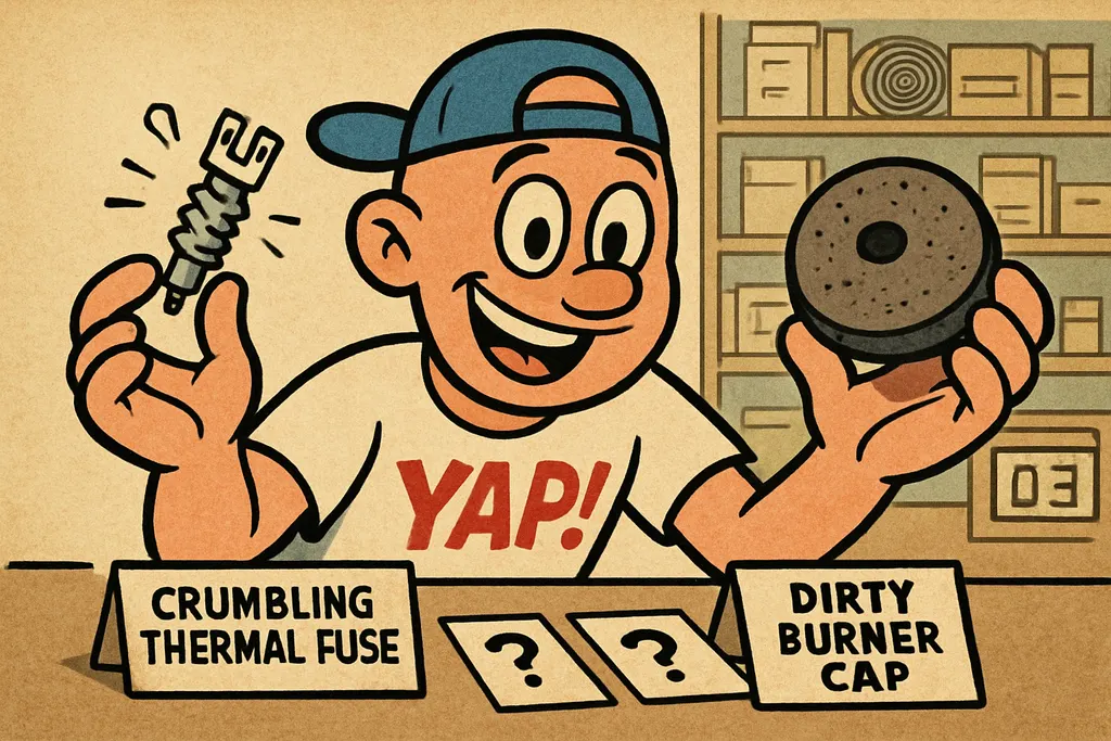 Cartoon scene: The YAP Dude leaning across the counter, his hands holding up two