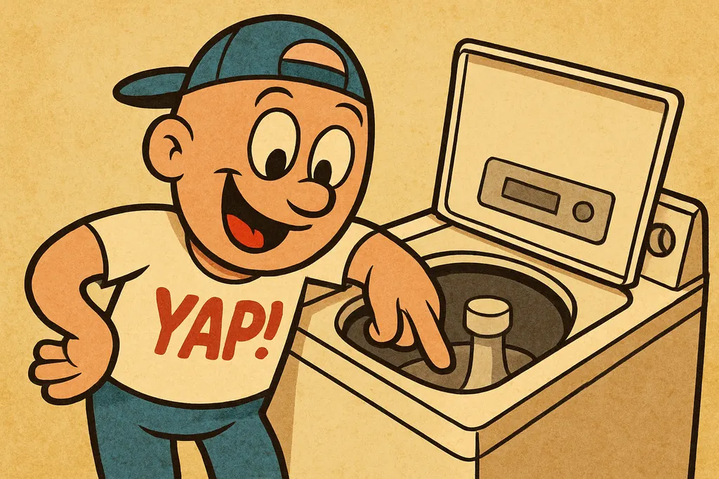 YAP Dude leaning confidently against a classic top load washer with the lid open