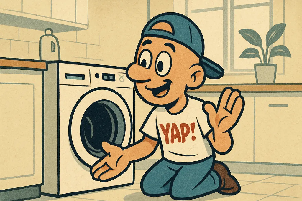 YAP Dude kneeling in front of a front load washer with the door open, holding up