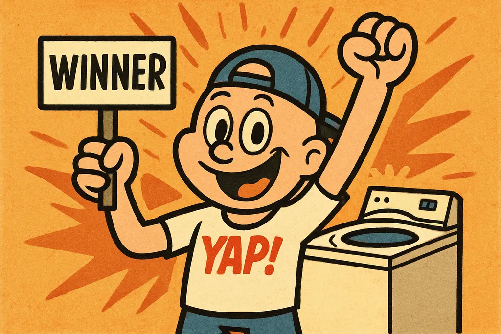 YAP Dude standing triumphantly next to a top load washer with one arm raised in 