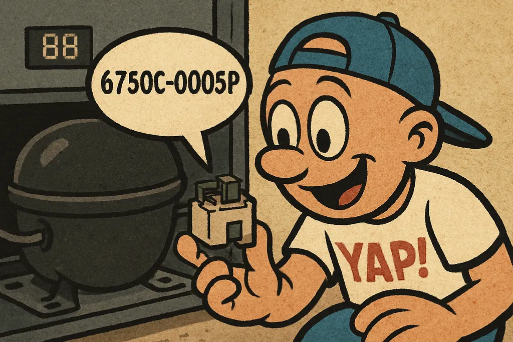 Cartoon close-up scene of YAP Dude crouching down at the rear of an LG refrigera