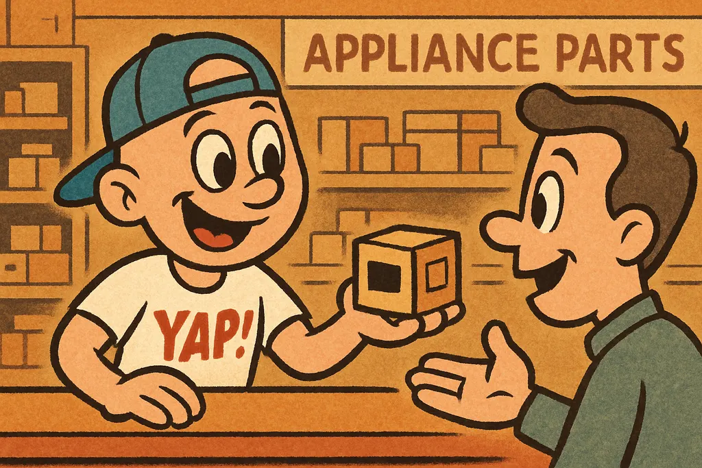Cartoon scene inside the YAP appliance parts shop in Piedmont, Oklahoma, with th
