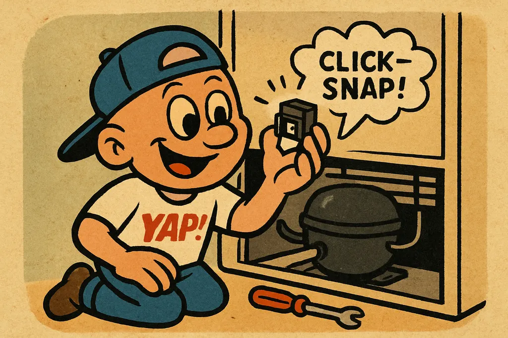 Cartoon scene of YAP Dude kneeling behind an LG refrigerator with the rear acces