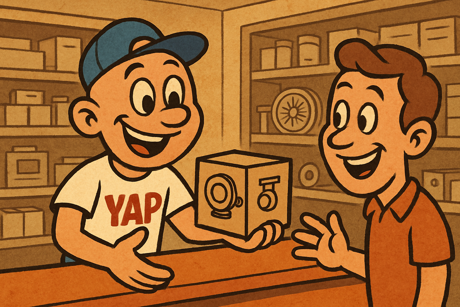 Inside the YAP appliance parts store in Piedmont, Oklahoma, the YAP Dude standin