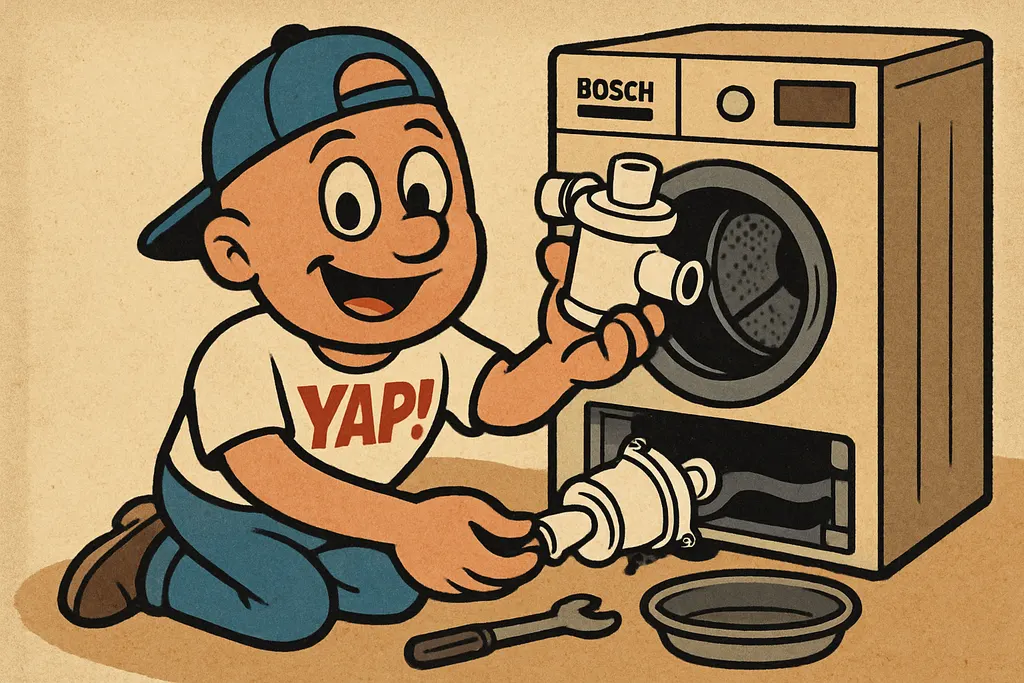 YAP Dude kneeling beside a tilted-back Bosch front-load washer with the front ac