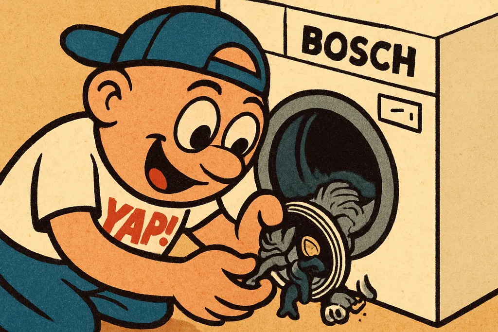 YAP Dude crouching down low in front of a Bosch front-load washer, leaning in cl