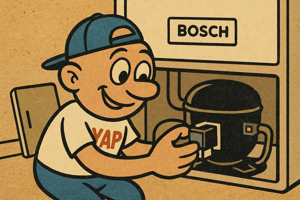 Cartoon action scene at the back of a Bosch refrigerator. The YAP Dude is crouch