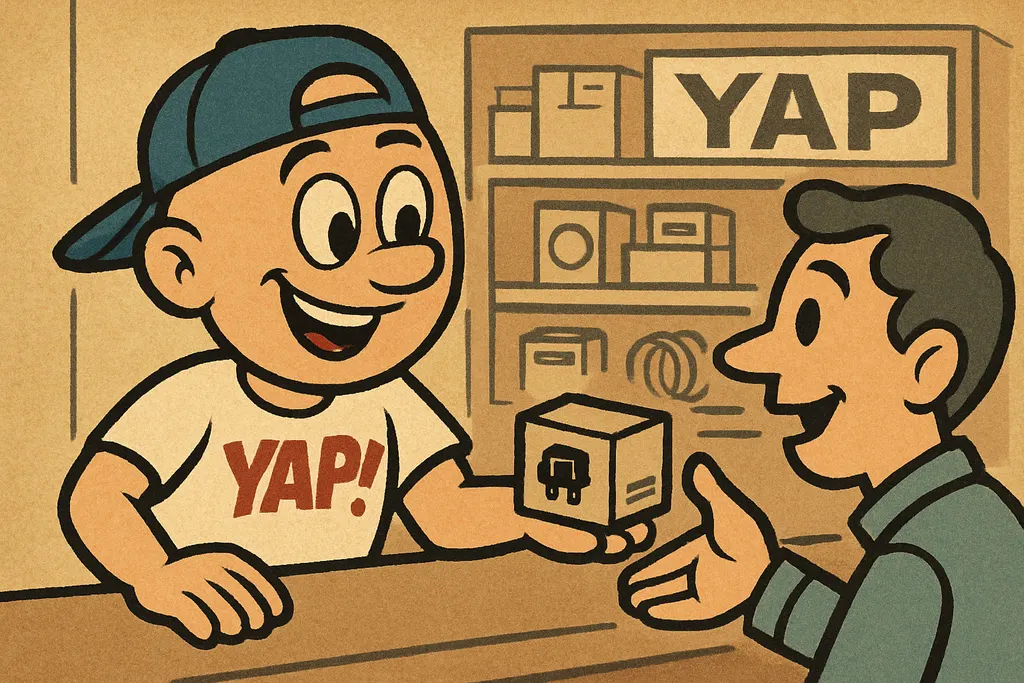 Cartoon scene inside the YAP appliance parts shop in Piedmont, Oklahoma. The YAP