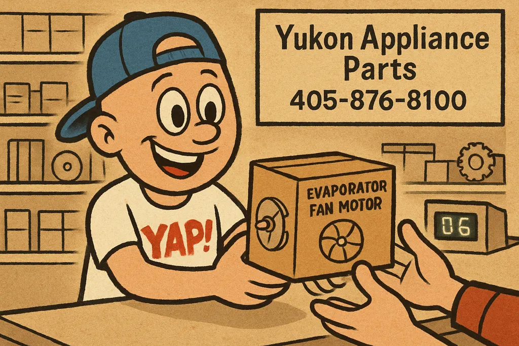 Cartoon scene inside the YAP parts store in Piedmont, Oklahoma. The YAP Dude is 