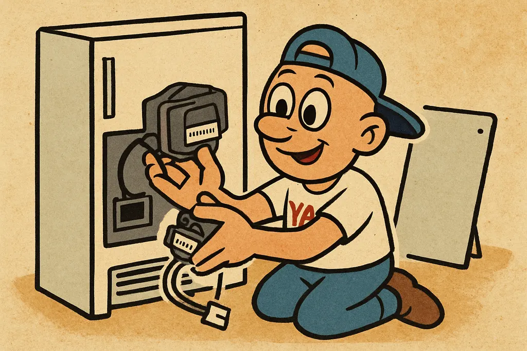 Cartoon scene of the YAP Dude kneeling behind the Whirlpool refrigerator, instal