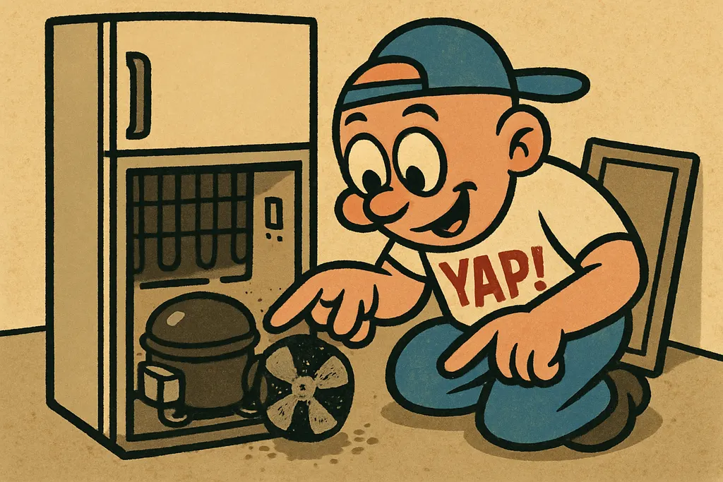 Cartoon scene of the YAP Dude crouching down behind a Whirlpool refrigerator tha