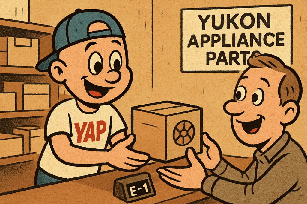 Cartoon scene inside the YAP parts store in Piedmont, Oklahoma. The YAP Dude is 