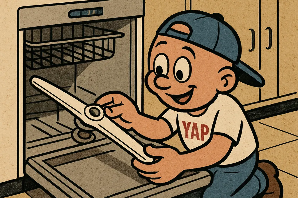 YAP Dude kneeling in front of an open KitchenAid dishwasher, carefully snapping 