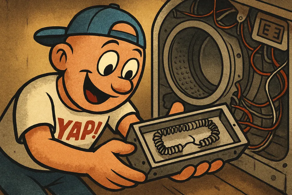 Cartoon scene: YAP Dude leaning in close over a disassembled Samsung electric dr