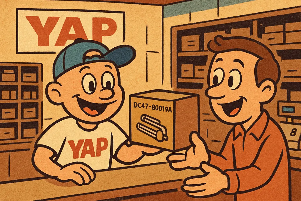 Cartoon scene: Inside the YAP appliance parts store in Piedmont, Oklahoma — shel