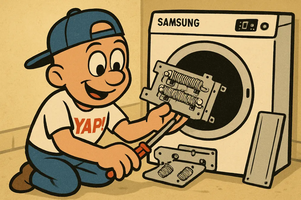 Cartoon scene: YAP Dude crouching beside a Samsung electric dryer in a laundry r