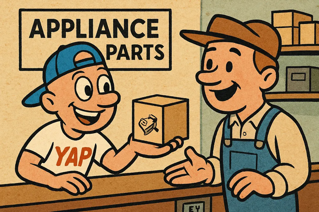 Cartoon scene inside the YAP appliance parts shop in Piedmont, Oklahoma. The YAP