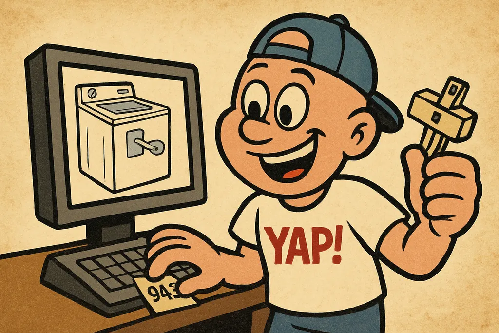 Cartoon scene of the YAP Dude standing at a parts lookup computer terminal in th