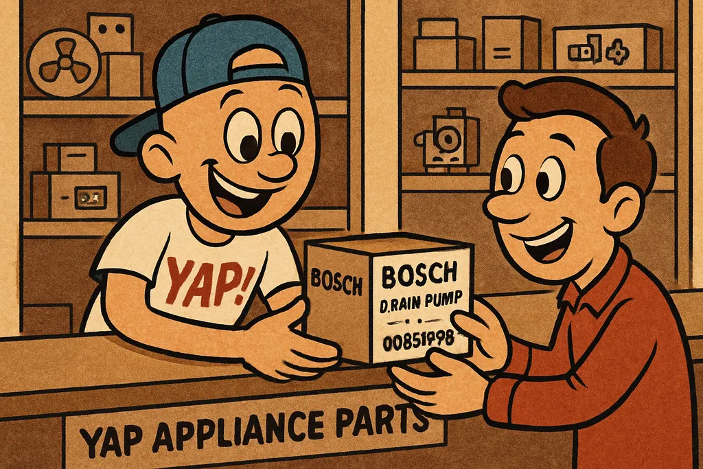Cartoon scene inside the YAP appliance parts shop in Piedmont, Oklahoma. The YAP
