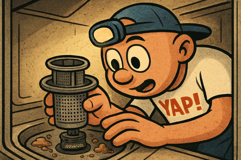 Cartoon scene of the YAP Dude crouching down in front of an open Bosch dishwashe