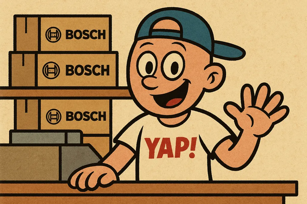 Cartoon scene of the YAP Dude lying on his back on the kitchen floor next to a B
