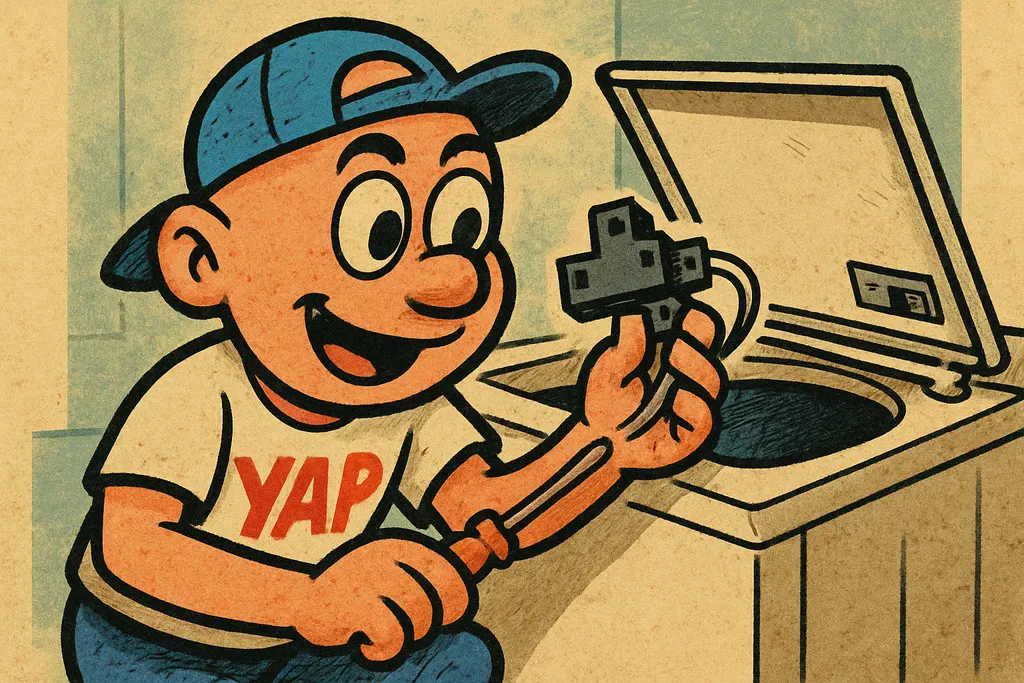 YAP Dude crouching beside a Kenmore top-load washer with the top panel tilted op