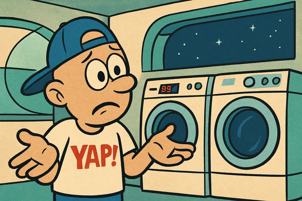 A frustrated but curious homeowner in a laundry room stands in front of a bold, 